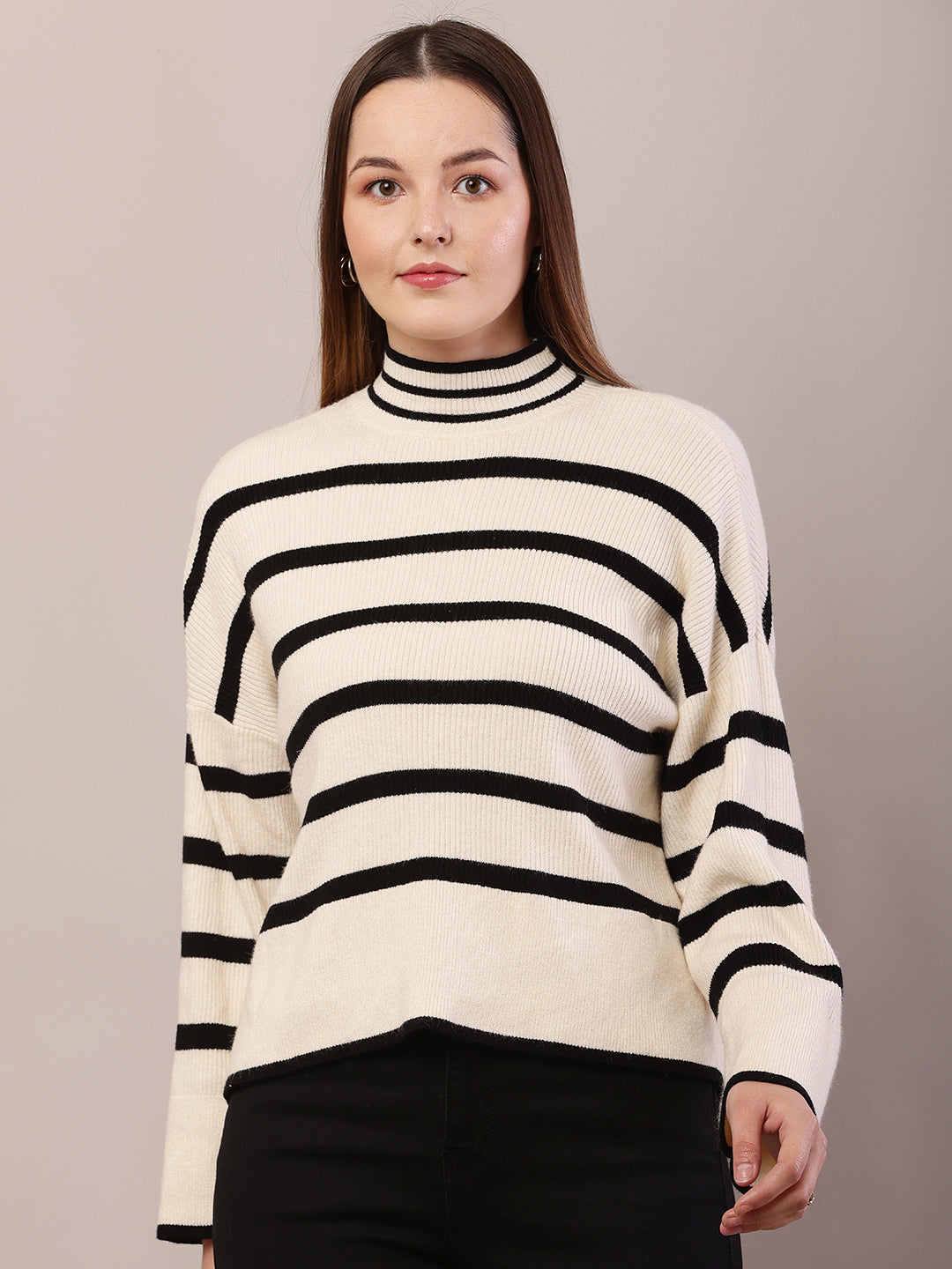 Women cream and black acrylic striped sweater