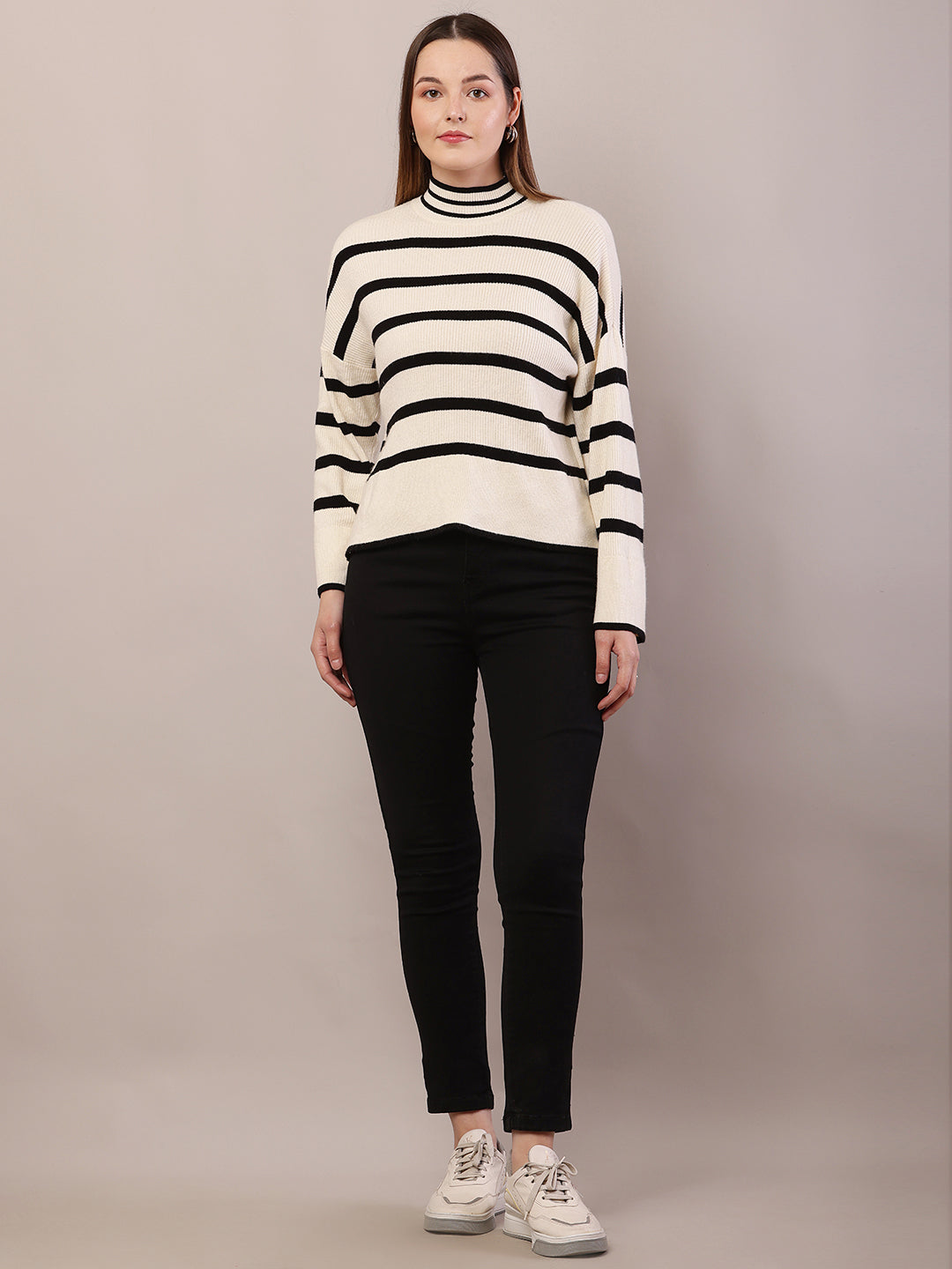 Women cream and black acrylic striped sweater