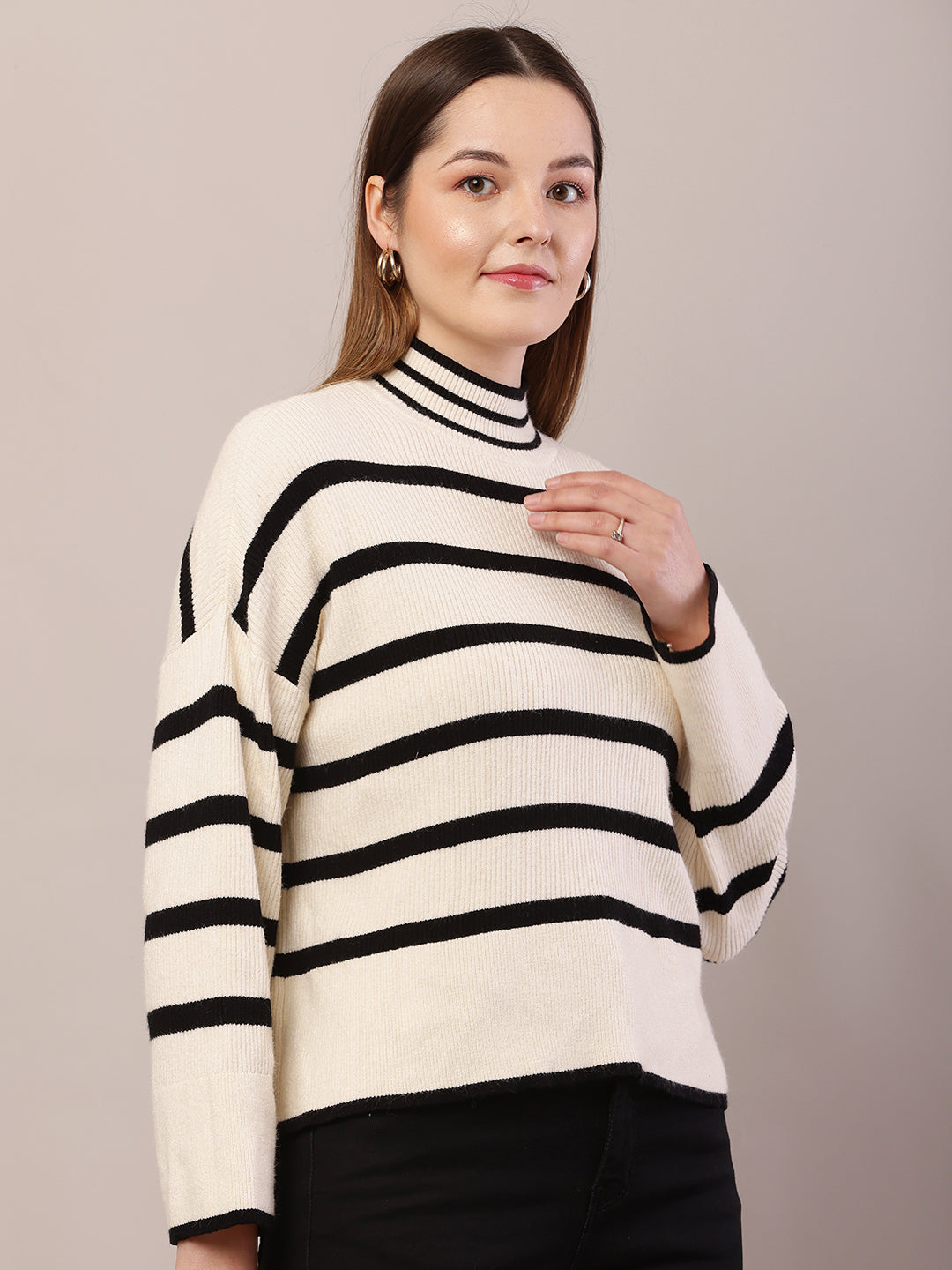 Women cream and black acrylic striped sweater