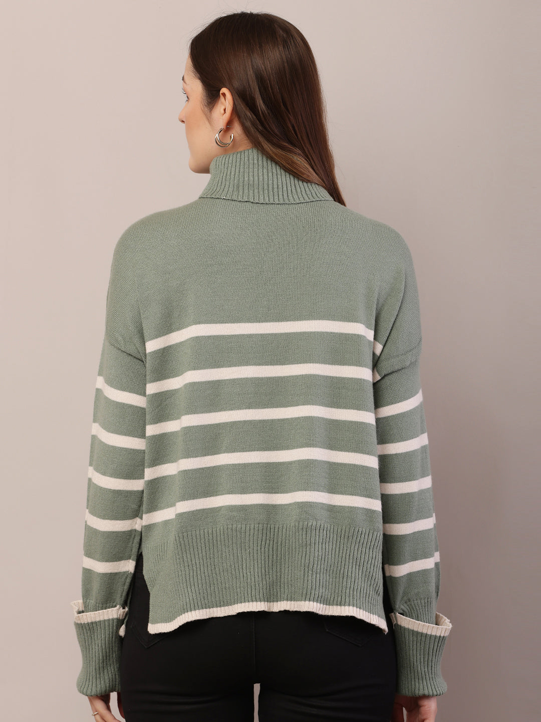 Women green acrylic full sleeve high-neck sweater