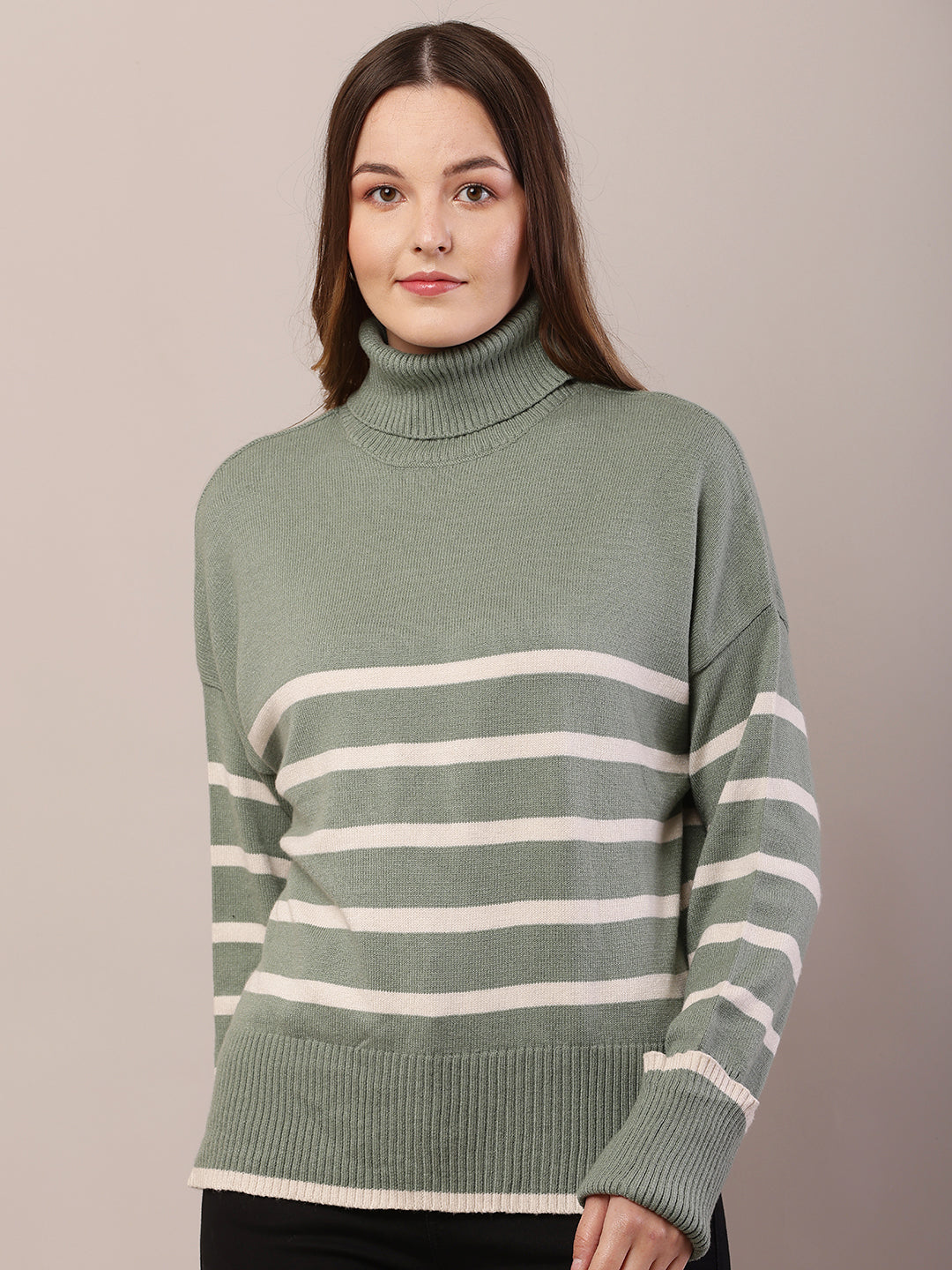 Women green acrylic full sleeve high-neck sweater