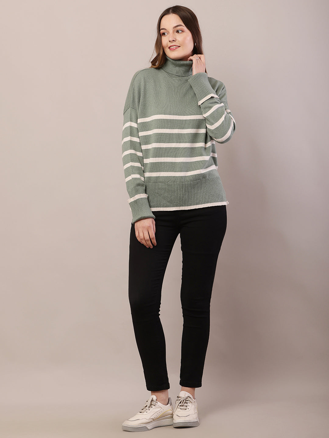 Women green acrylic full sleeve high-neck sweater