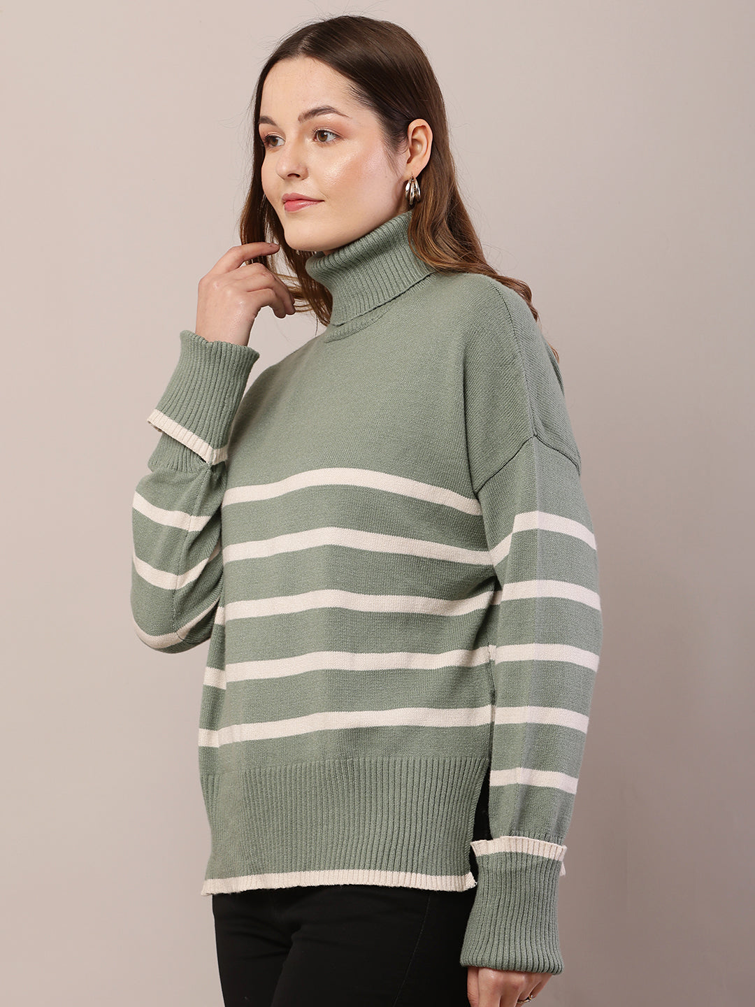 Women green acrylic full sleeve high-neck sweater