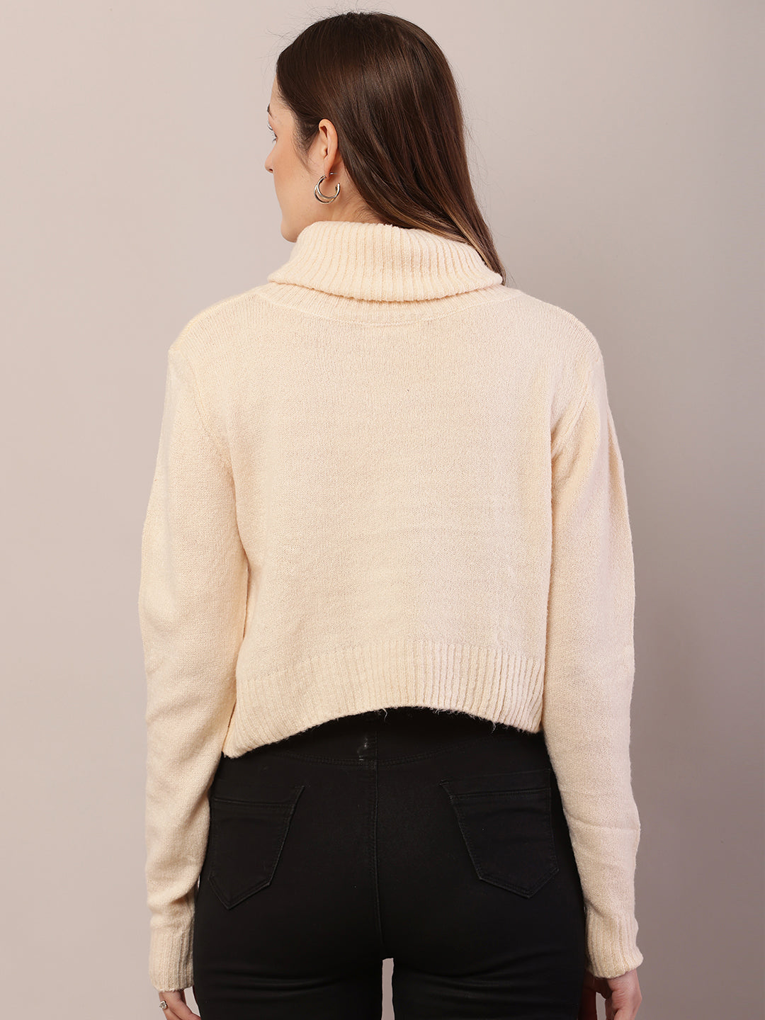 Women dark cream acrylic full sleeve high-neck sweater