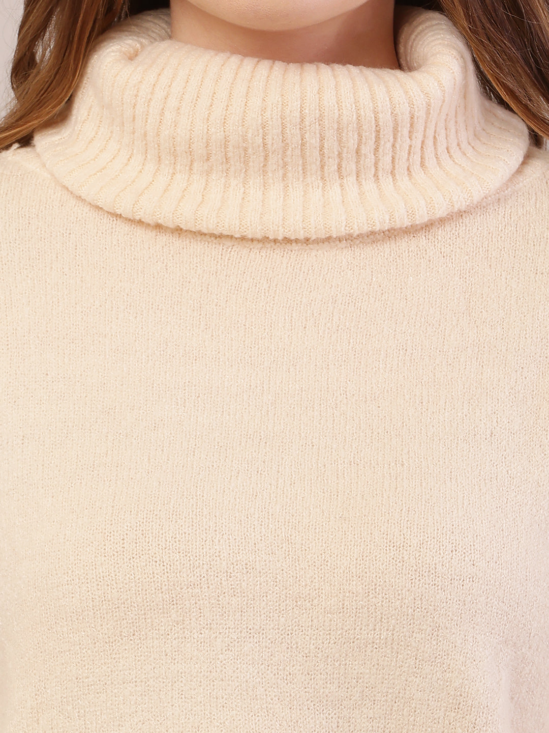 Women dark cream acrylic full sleeve high-neck sweater