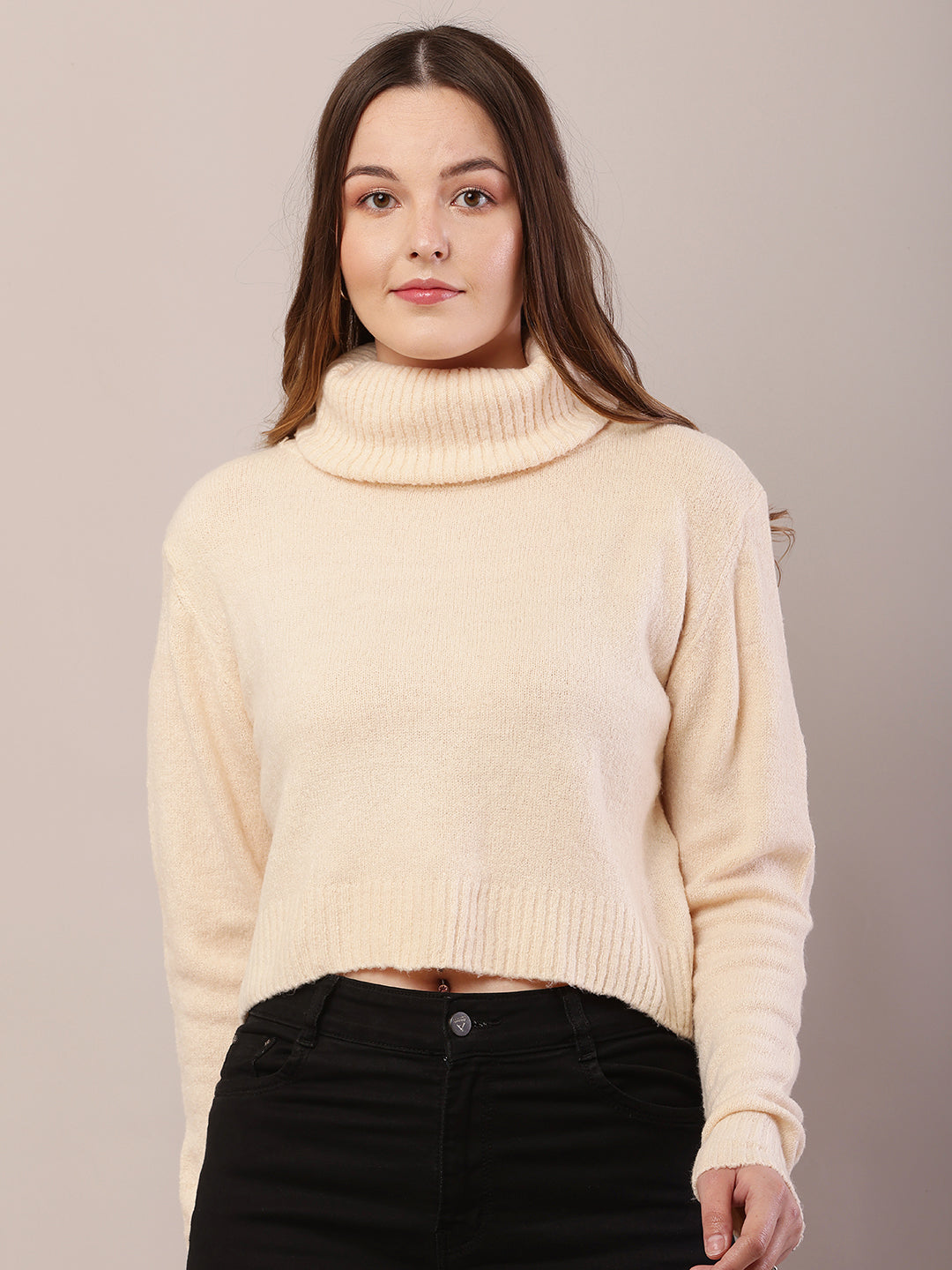 Women dark cream acrylic full sleeve high-neck sweater