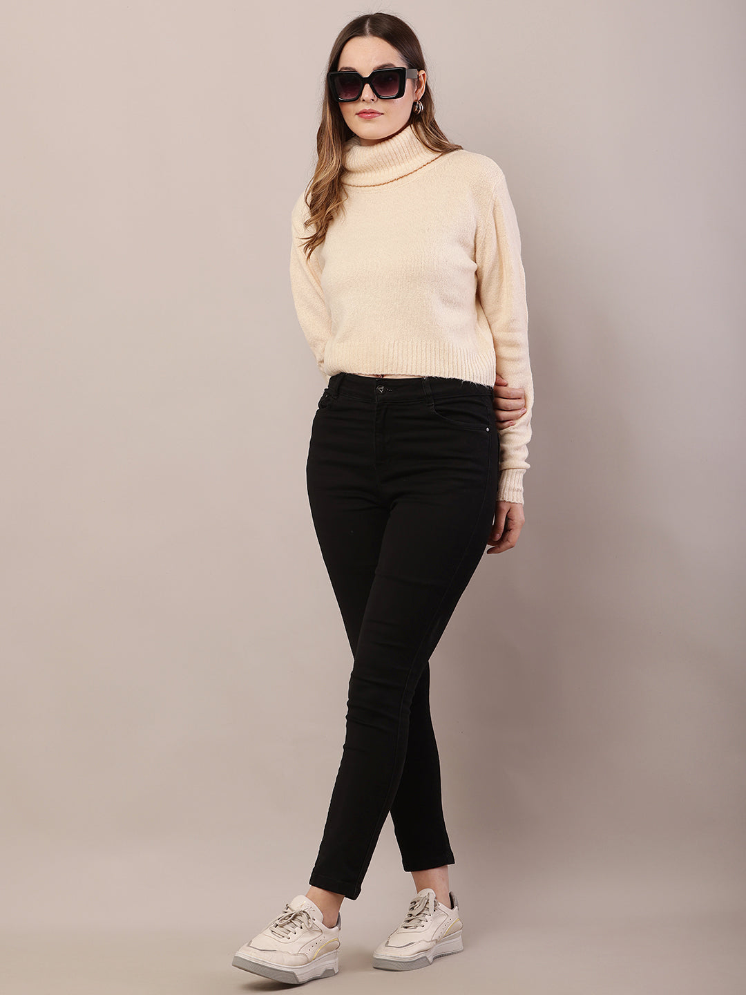 Women dark cream acrylic full sleeve high-neck sweater