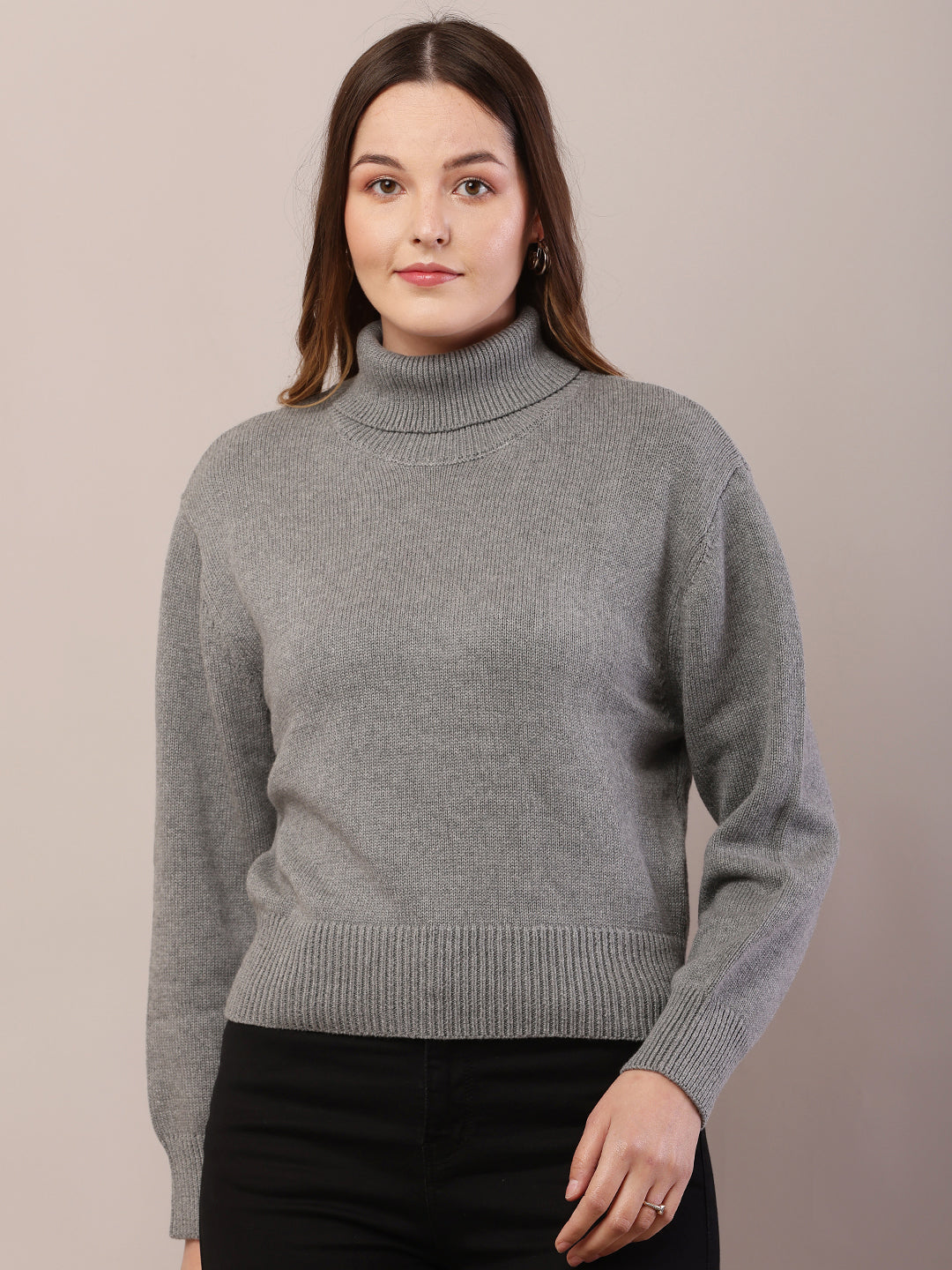 Women grey acrylic full sleeve high-neck sweater