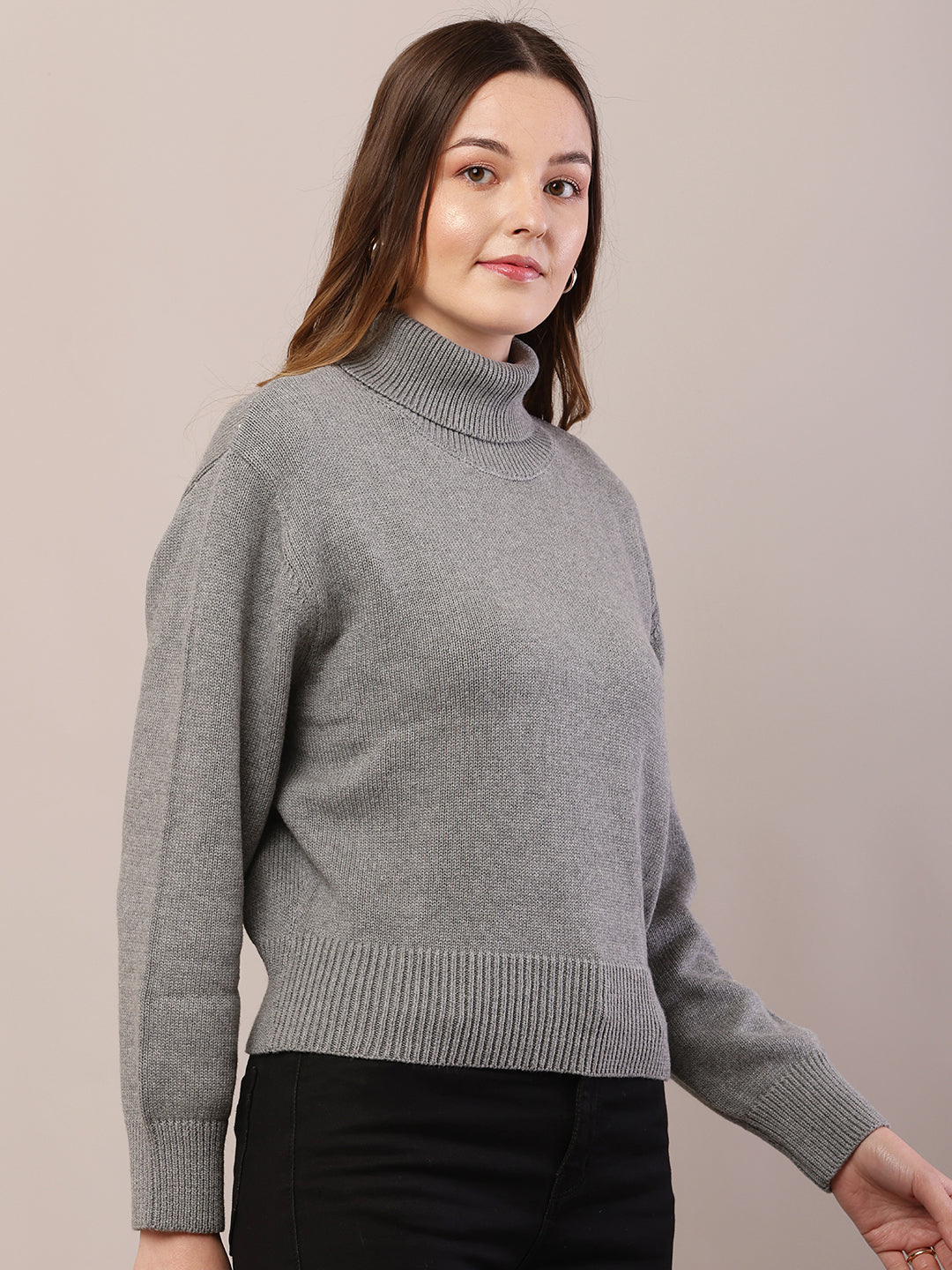 Women grey acrylic full sleeve high-neck sweater