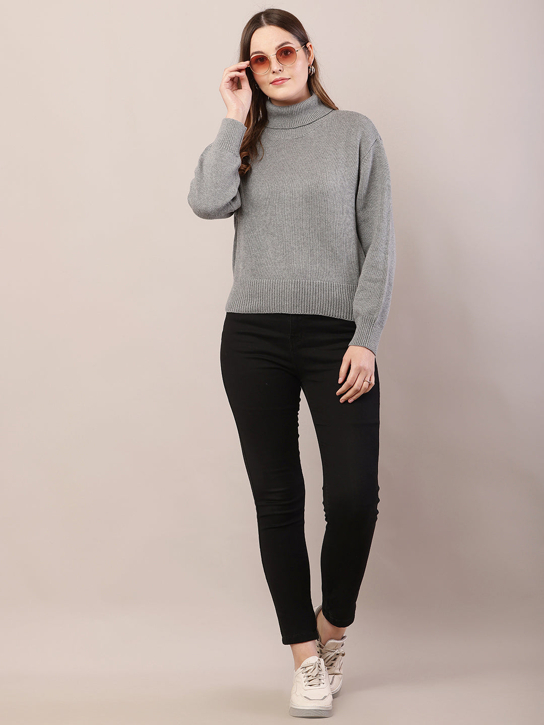 Women grey acrylic full sleeve high-neck sweater