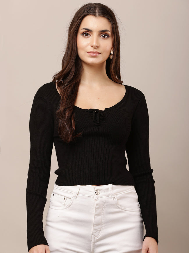 Women Full Sleeve Black Viscose Top
