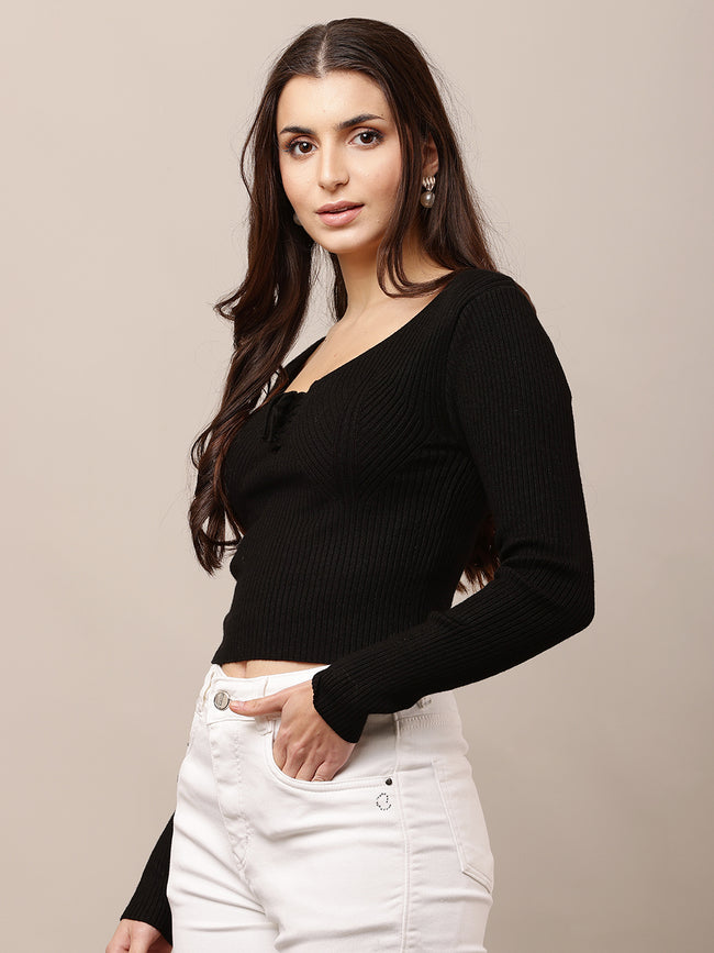 Women Full Sleeve Black Viscose Top