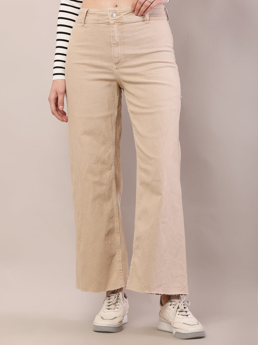 Women light brown cotton button closure jeans