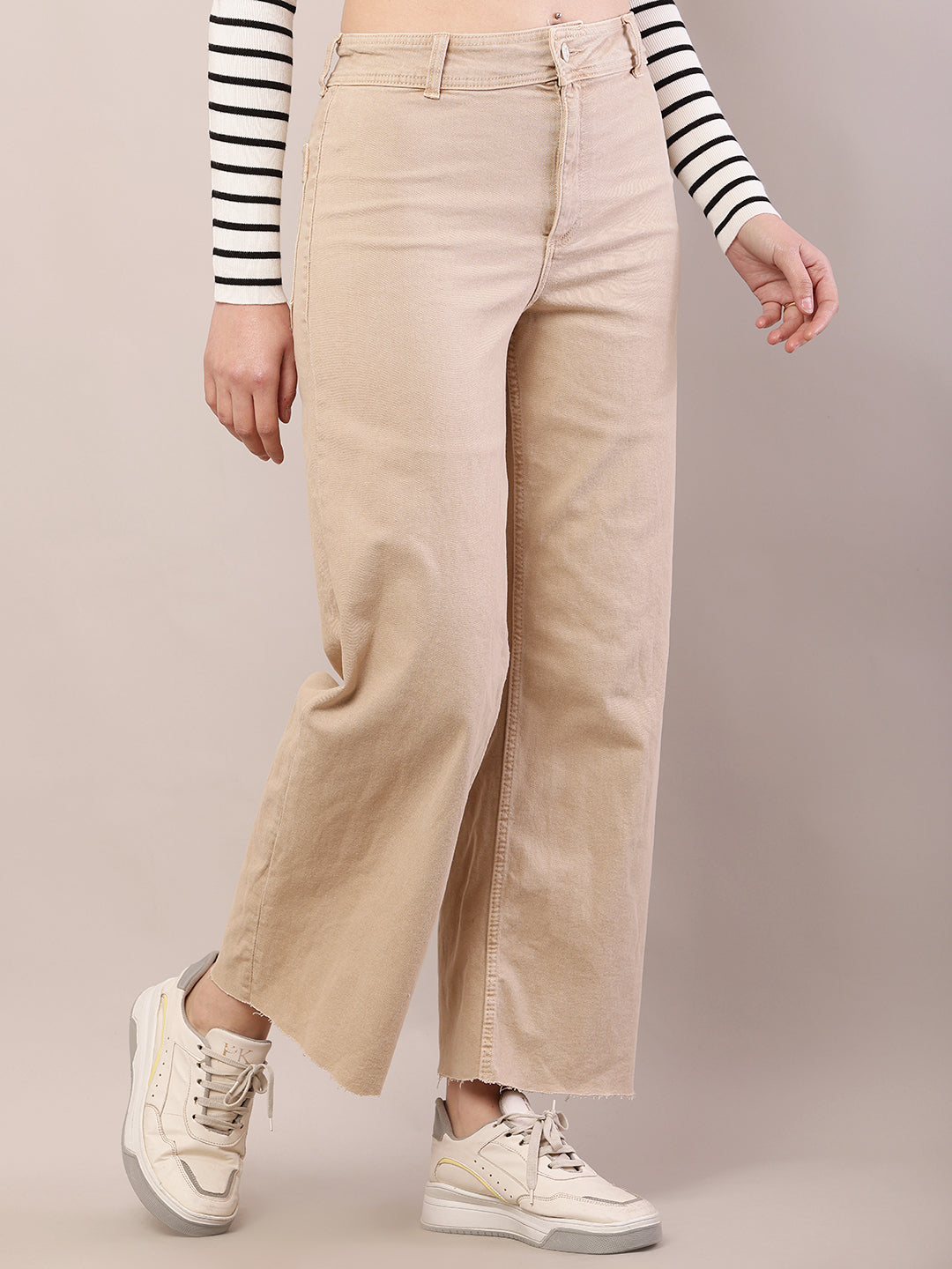 Women light brown cotton button closure jeans