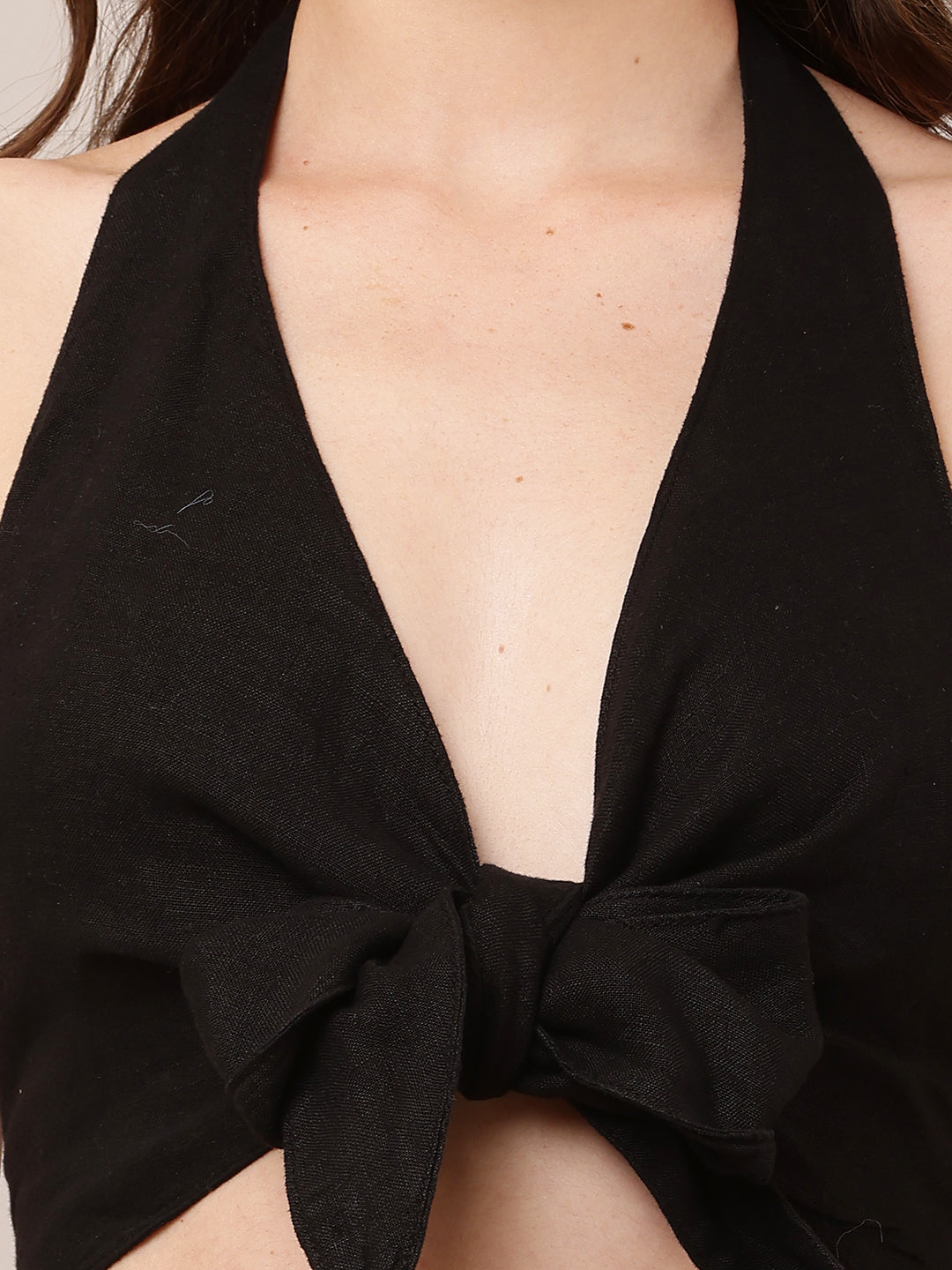 Women Black V-Neck Halter Crop Top with Knot