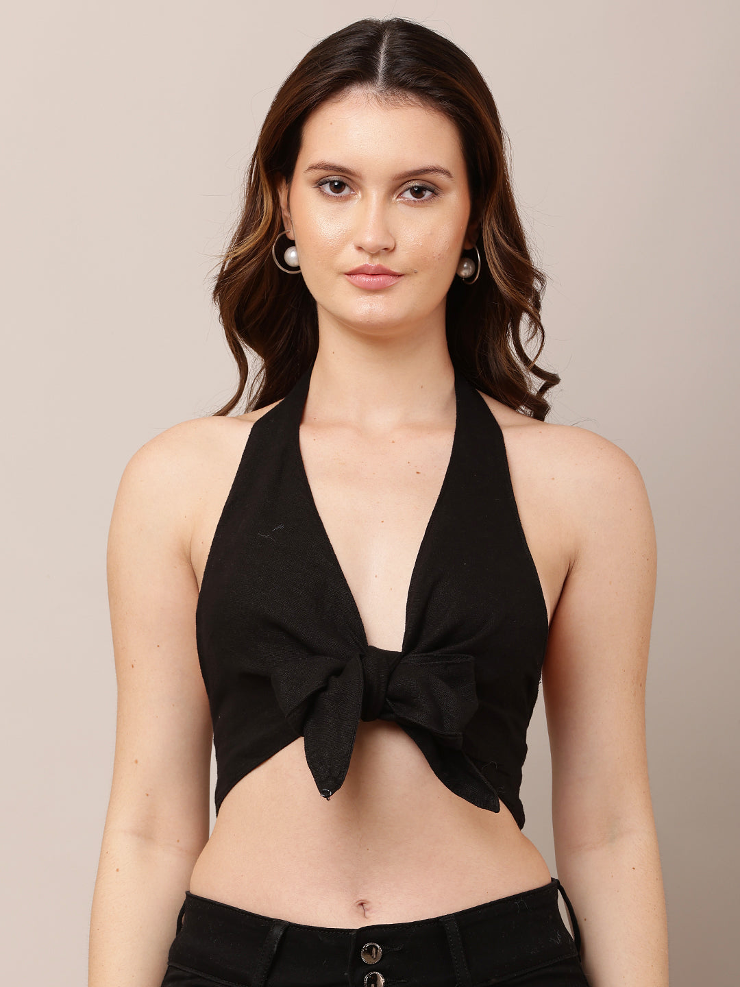 Women Black V-Neck Halter Crop Top with Knot