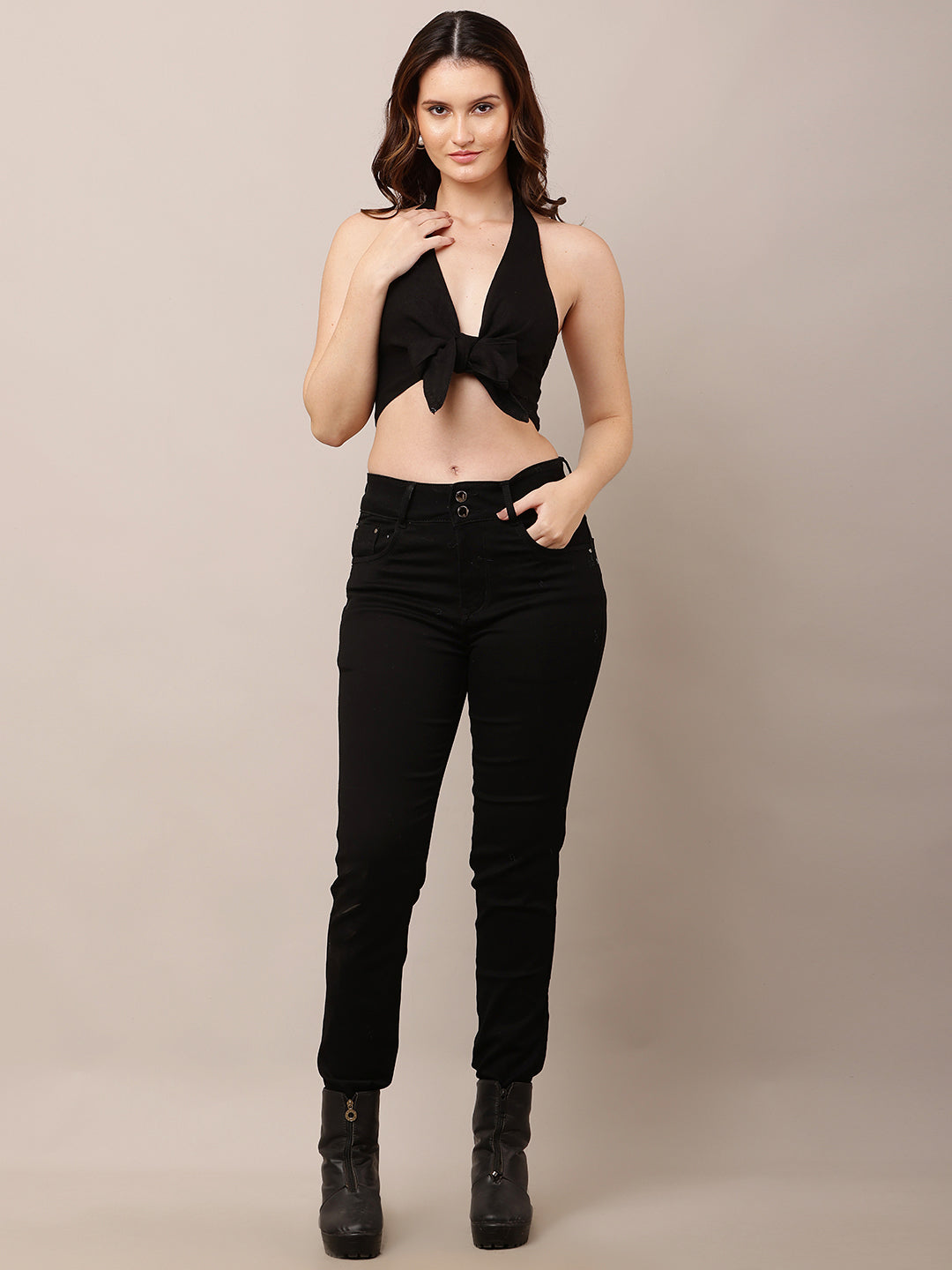 Women Black V-Neck Halter Crop Top with Knot