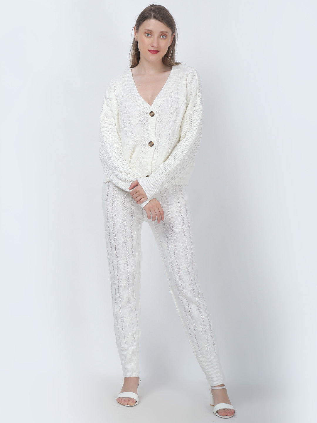 Women White Cable Knit Co-Ord Set