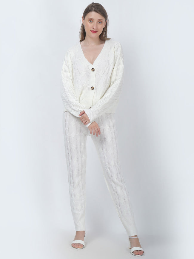 Women White Cable Knit Co-Ord Set