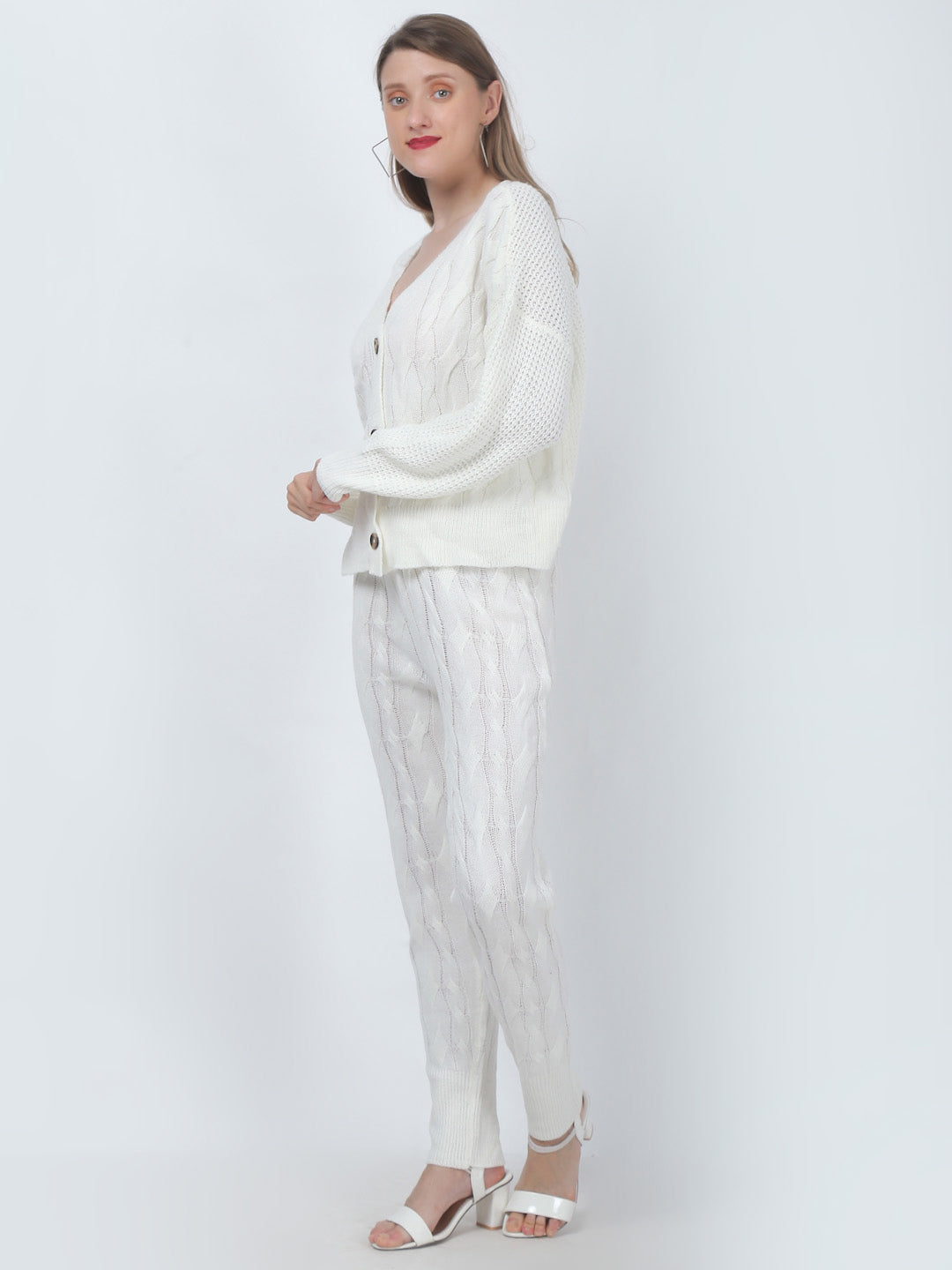 Women White Cable Knit Co-Ord Set