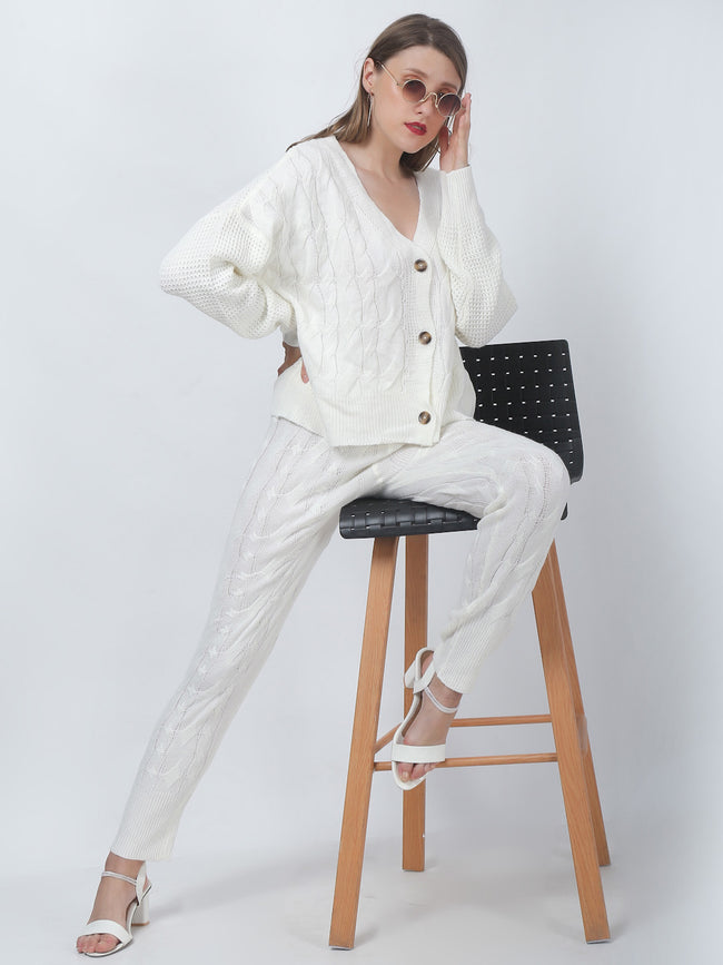 Women White Cable Knit Co-Ord Set