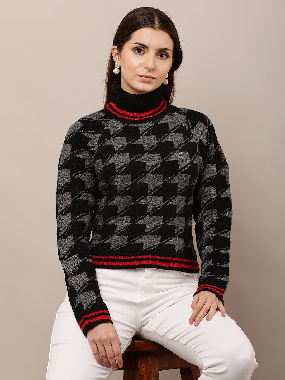 Women Black Checkered High-Neck Sweater