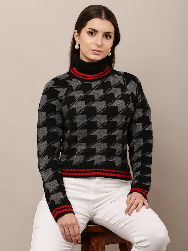 Women Black Checkered High-Neck Sweater