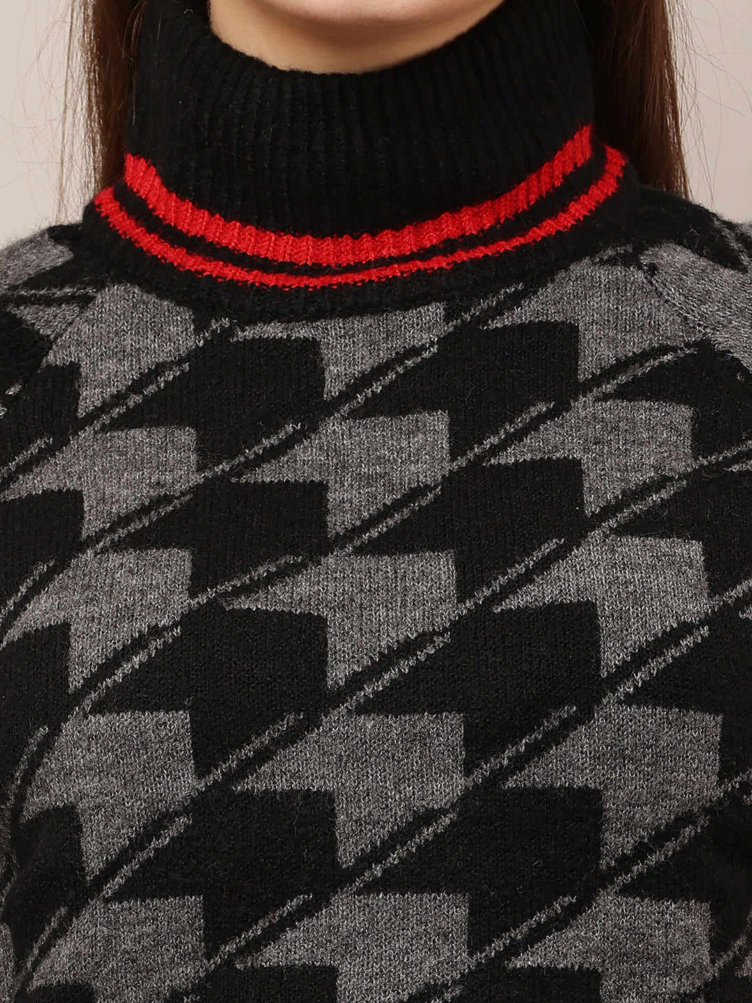 Women Black Checkered High-Neck Sweater