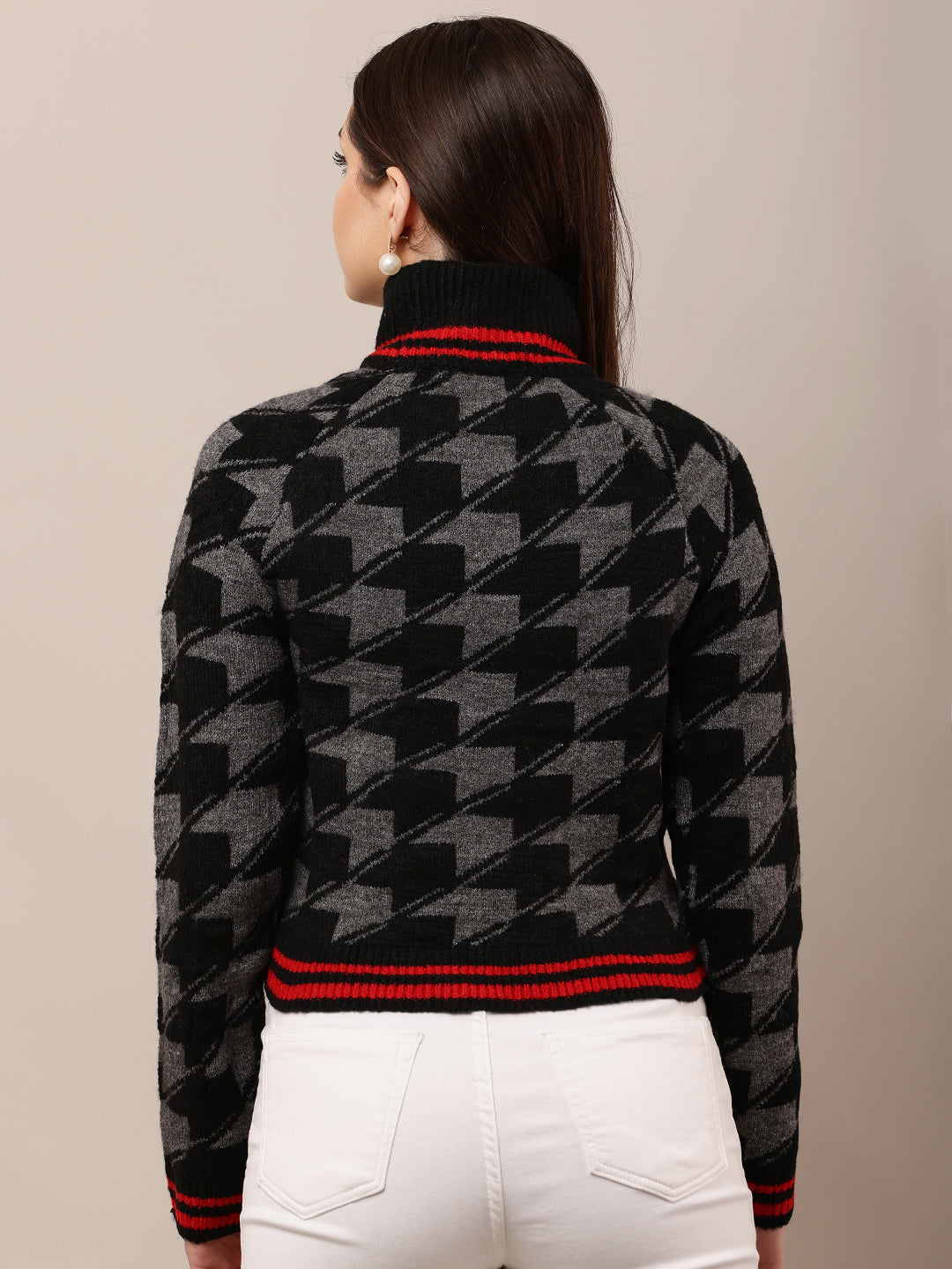 Women Black Checkered High-Neck Sweater