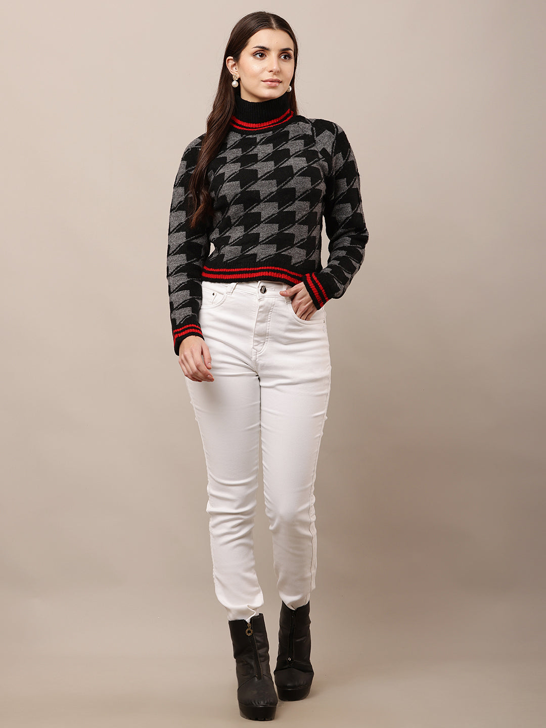 Women Black Checkered High-Neck Sweater