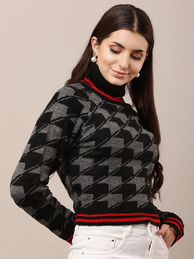 Women Black Checkered High-Neck Sweater