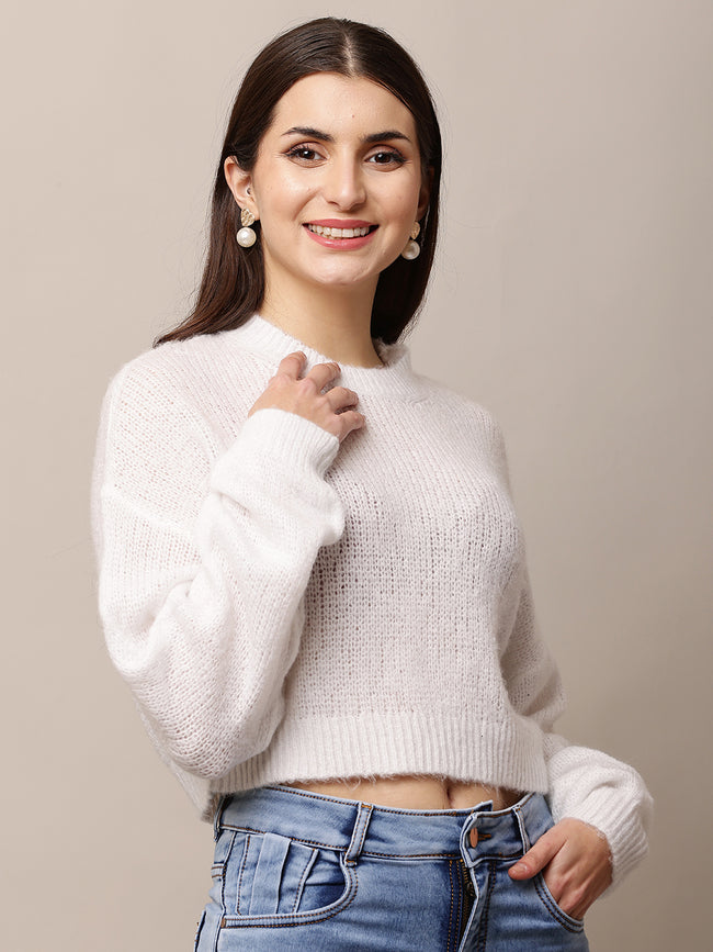 Women White Round Neck Full Sleeve Sweater