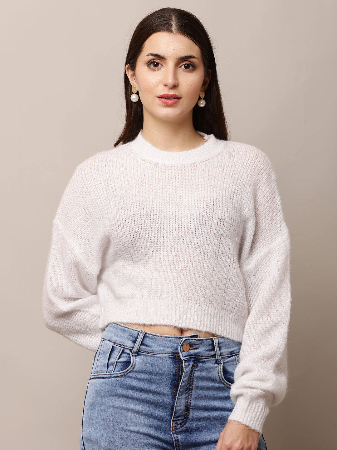 Women White Round Neck Full Sleeve Sweater