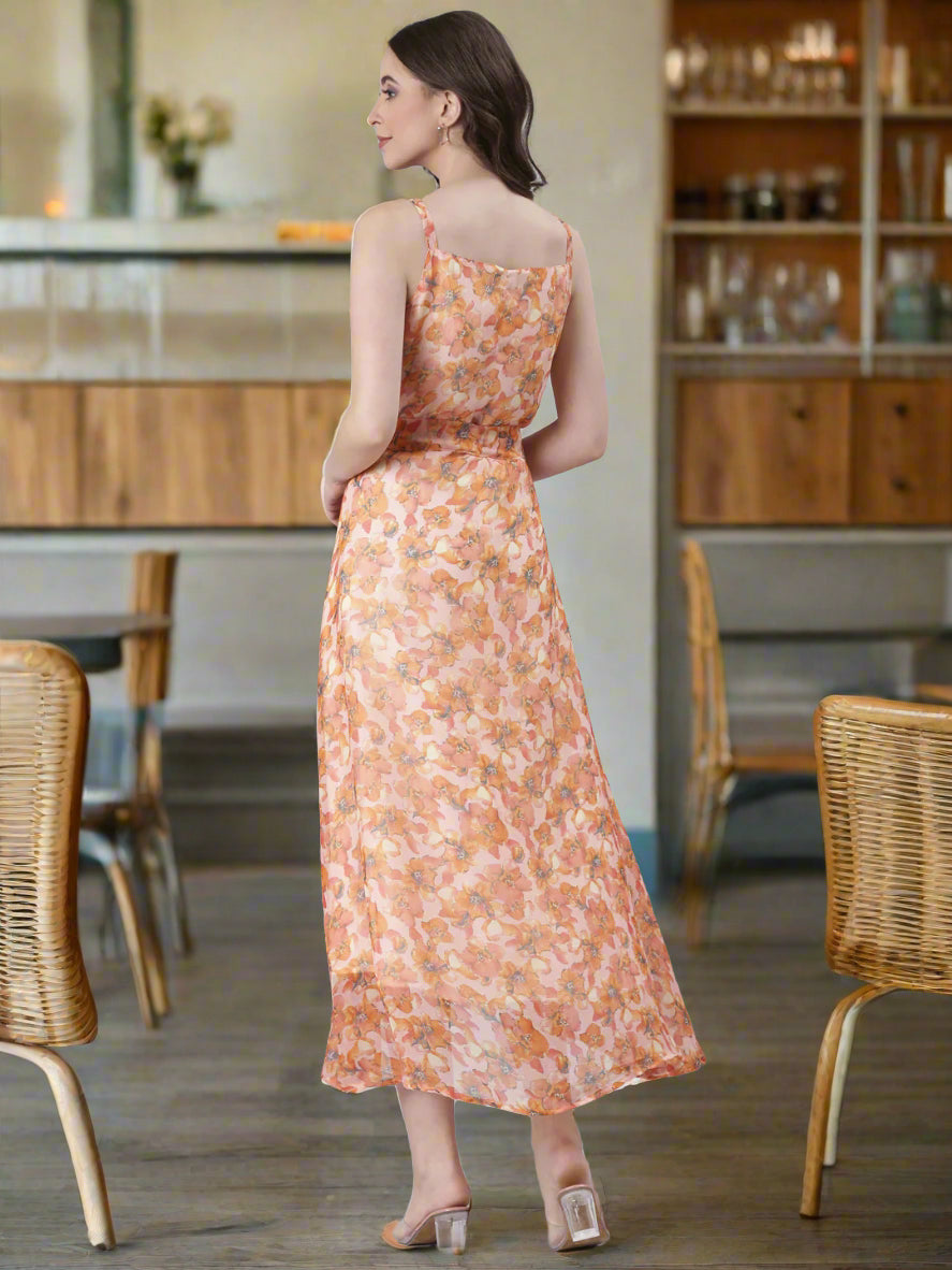 Women Peach Floral Print Tiered Dress