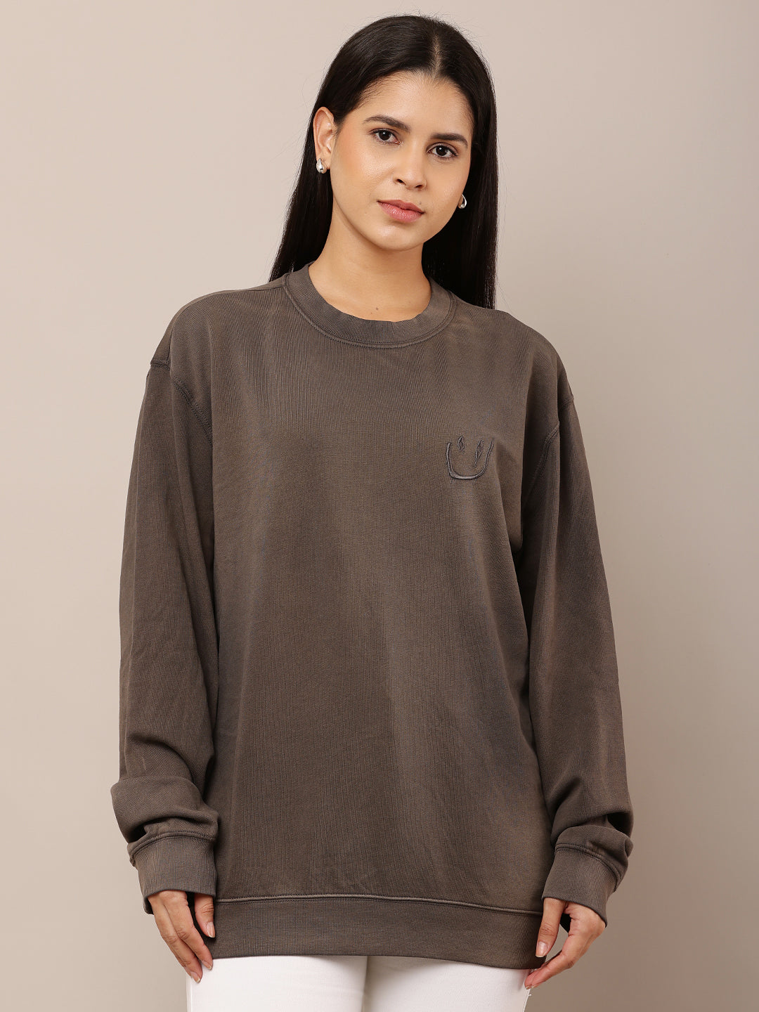Women Grey Round Neck Cotton Sweatshirt