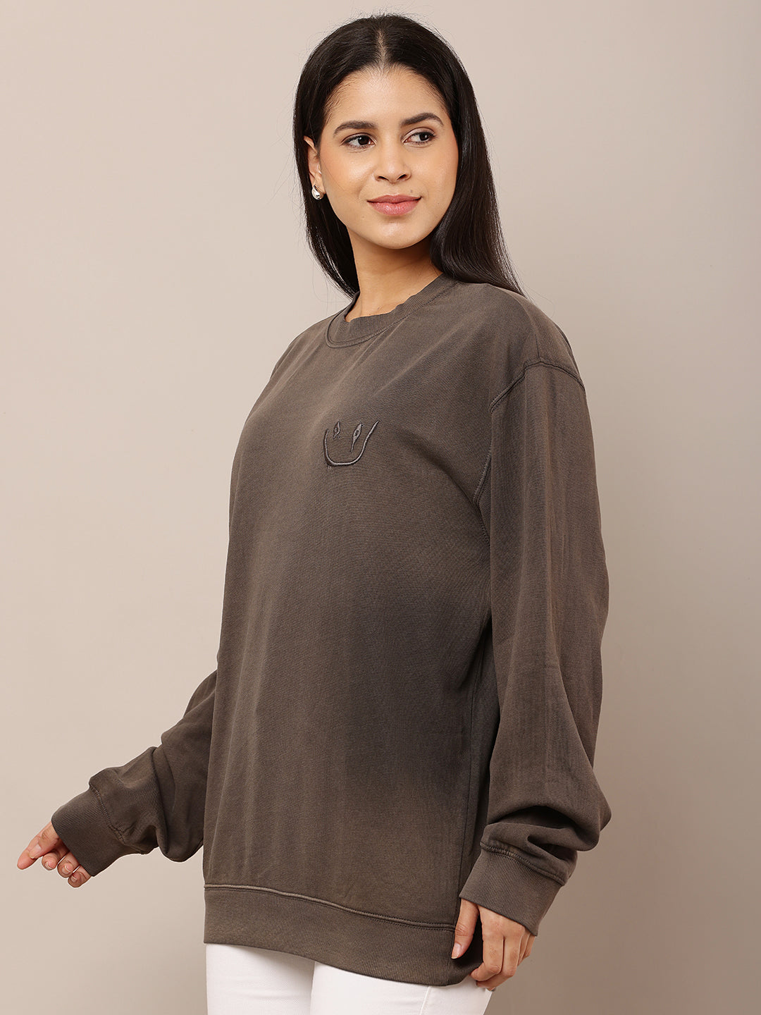 Women Grey Round Neck Cotton Sweatshirt