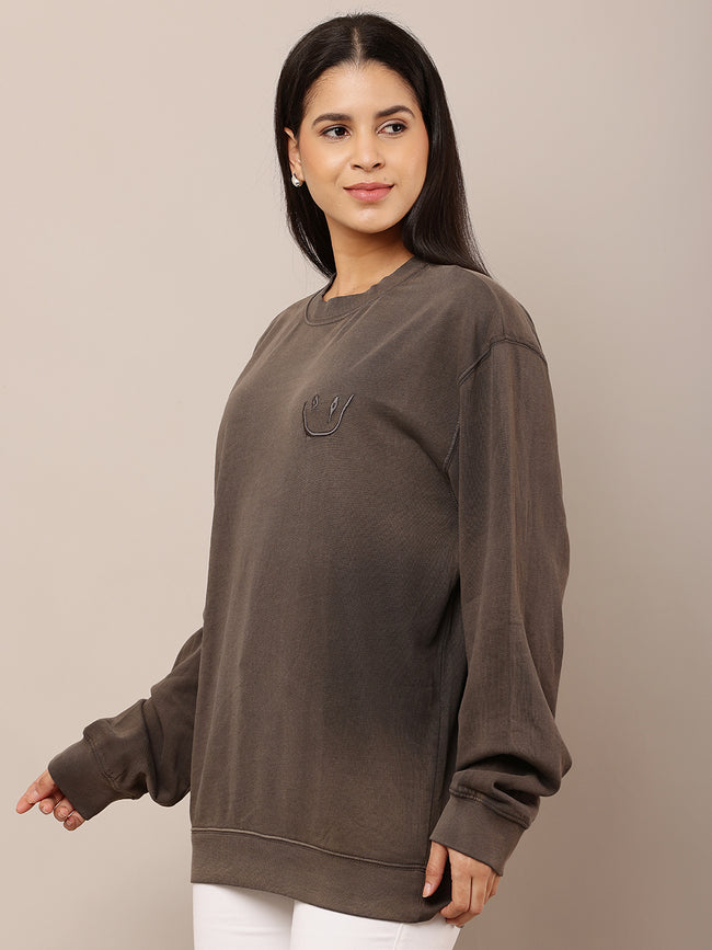 Women Grey Round Neck Cotton Sweatshirt