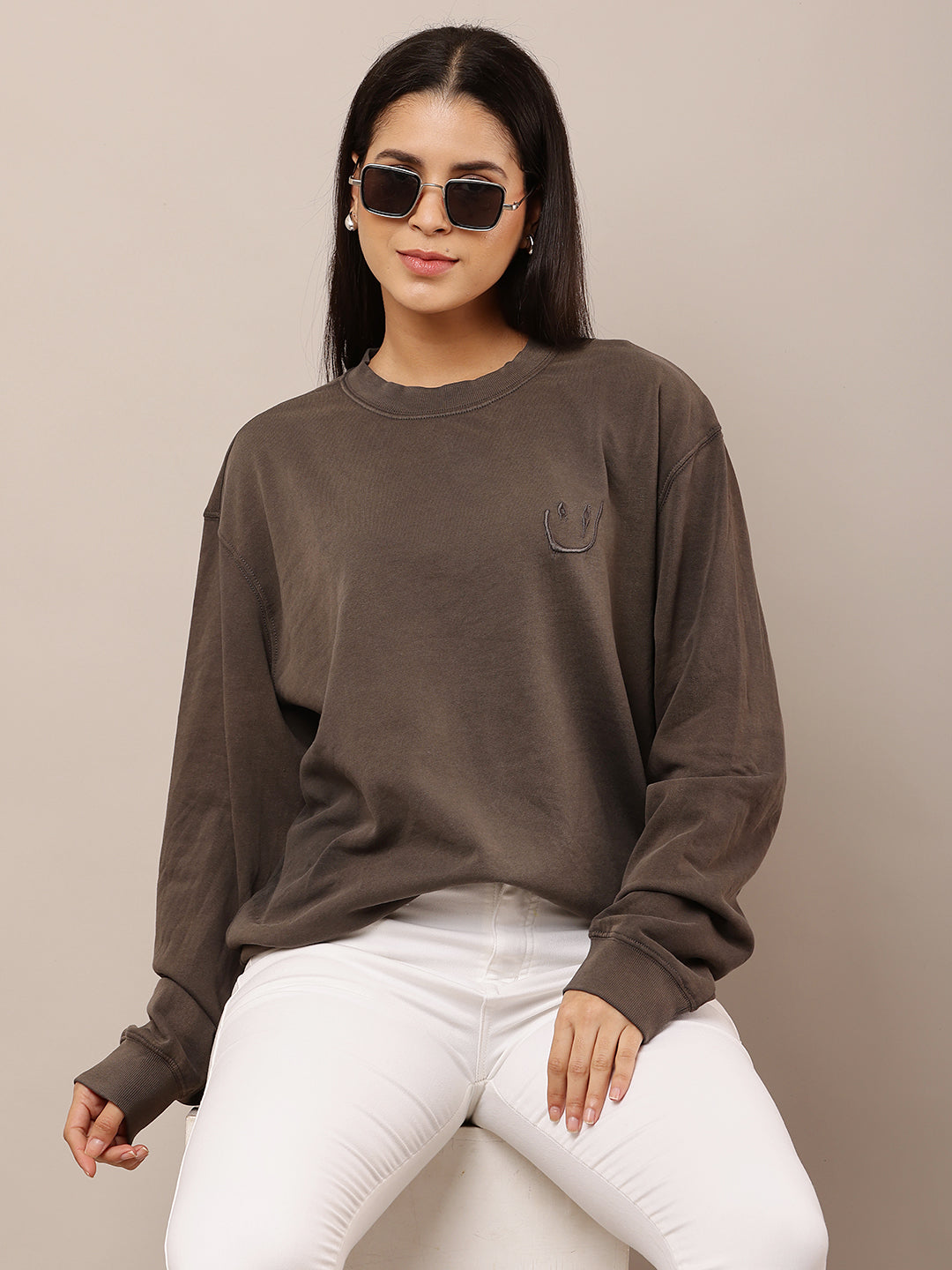 Women Grey Round Neck Cotton Sweatshirt