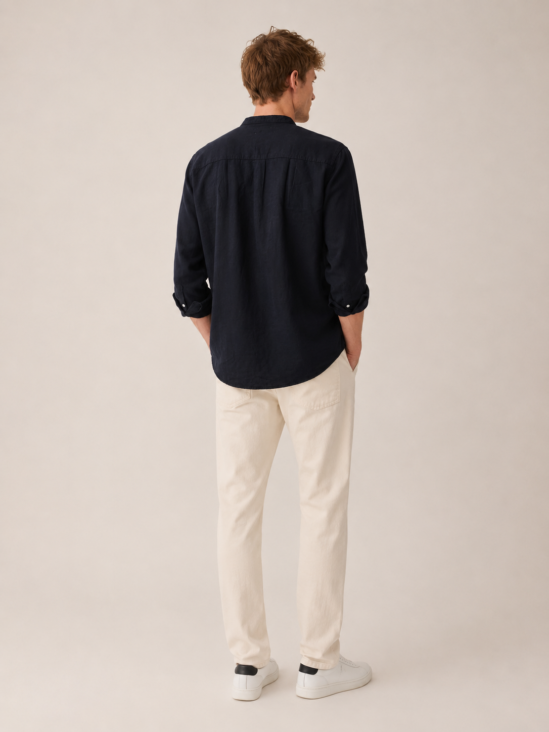 Men Black Linen Band Collar Shirt