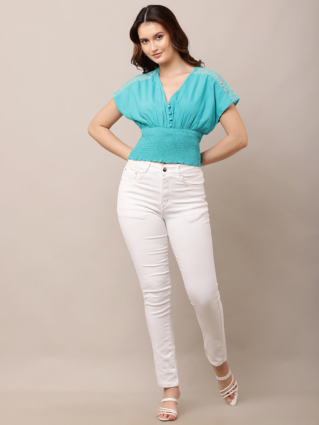 Women V-Neck Short Sleeve Sky Blue Top