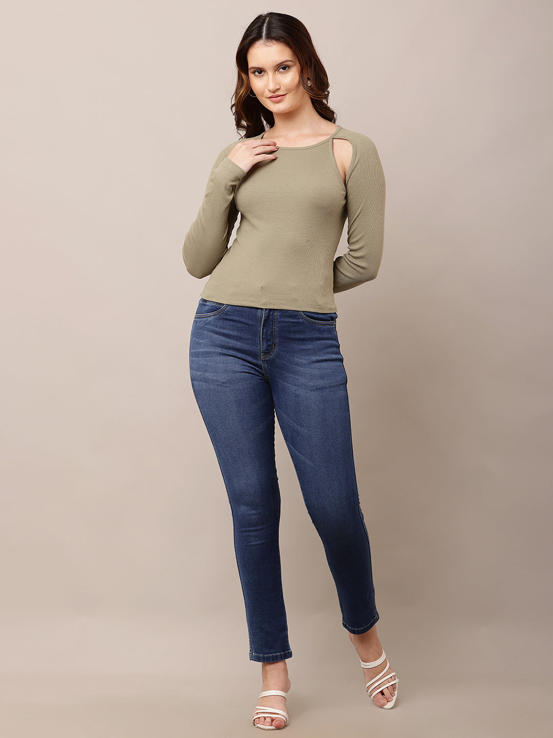 Women Full Sleeve Fitted Green Top