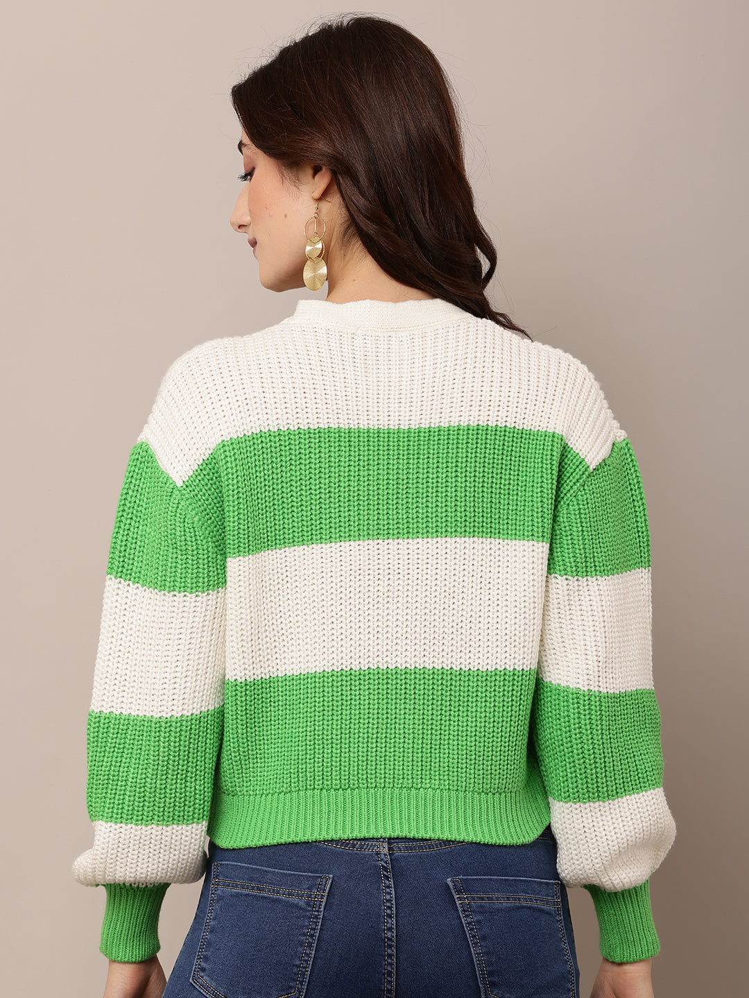 Women Green & White V-Neck Acrylic Cardigan