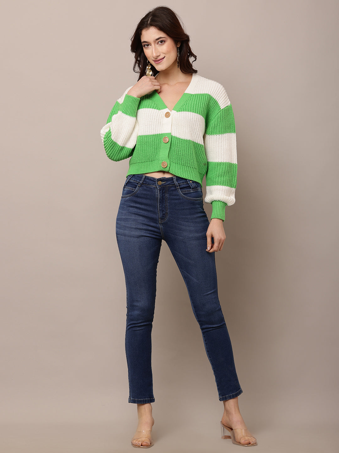 Women Green & White V-Neck Acrylic Cardigan