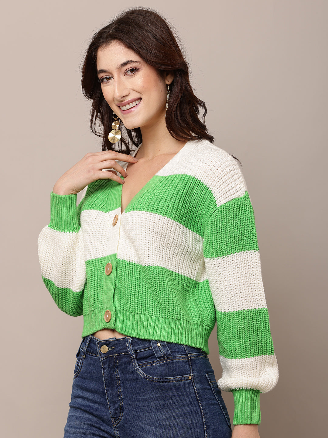 Women Green & White V-Neck Acrylic Cardigan