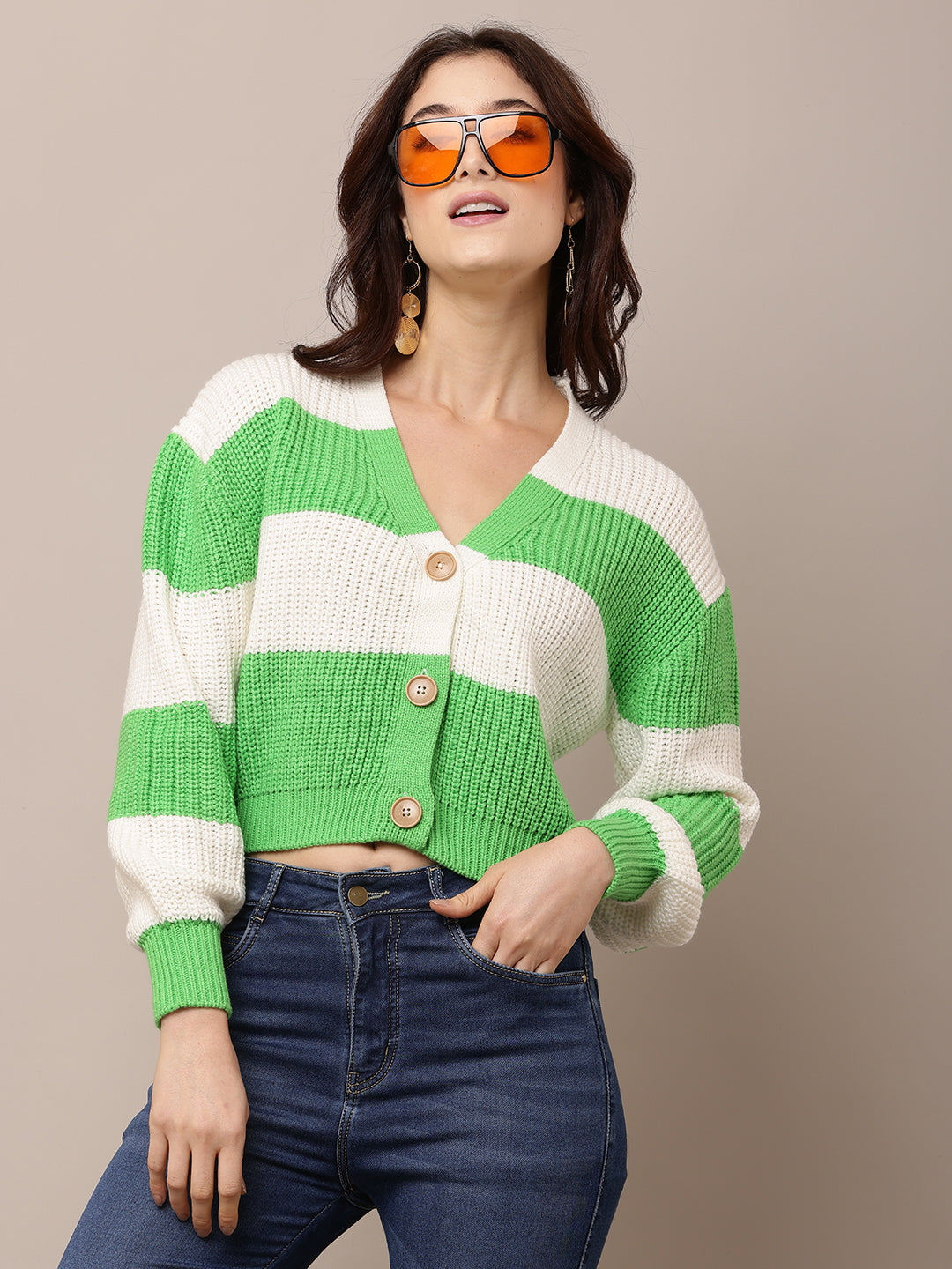 Women Green & White V-Neck Acrylic Cardigan