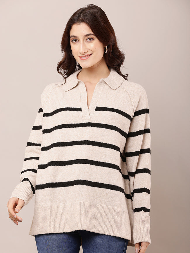 Women Striped Beige V-Neck Baggy Sweater