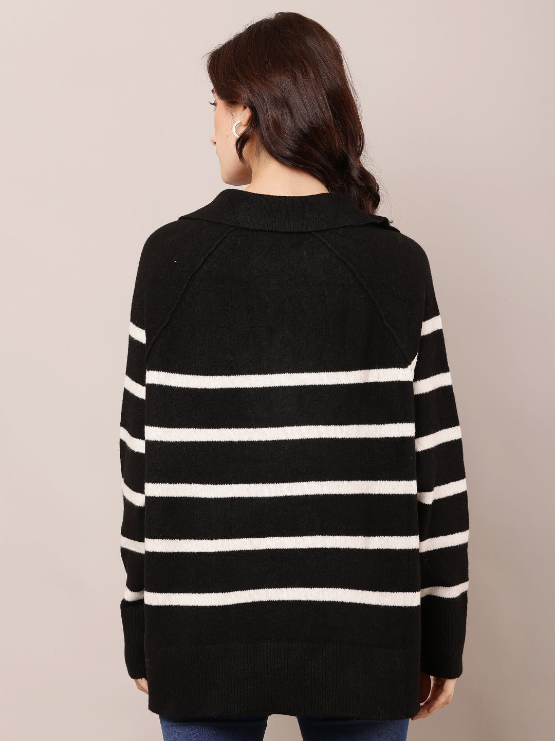 Women Striped Black V-Neck Baggy Sweater
