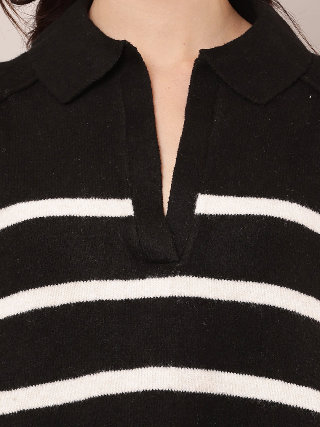 Women Striped Black V-Neck Baggy Sweater