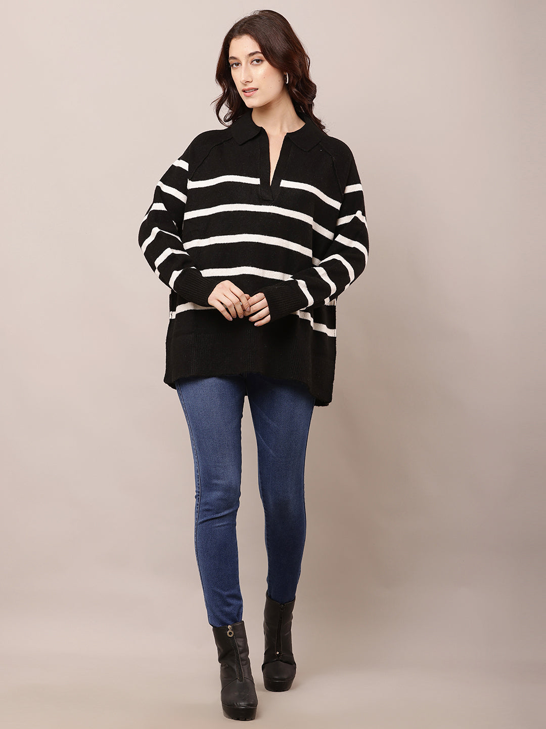 Women Striped Black V-Neck Baggy Sweater