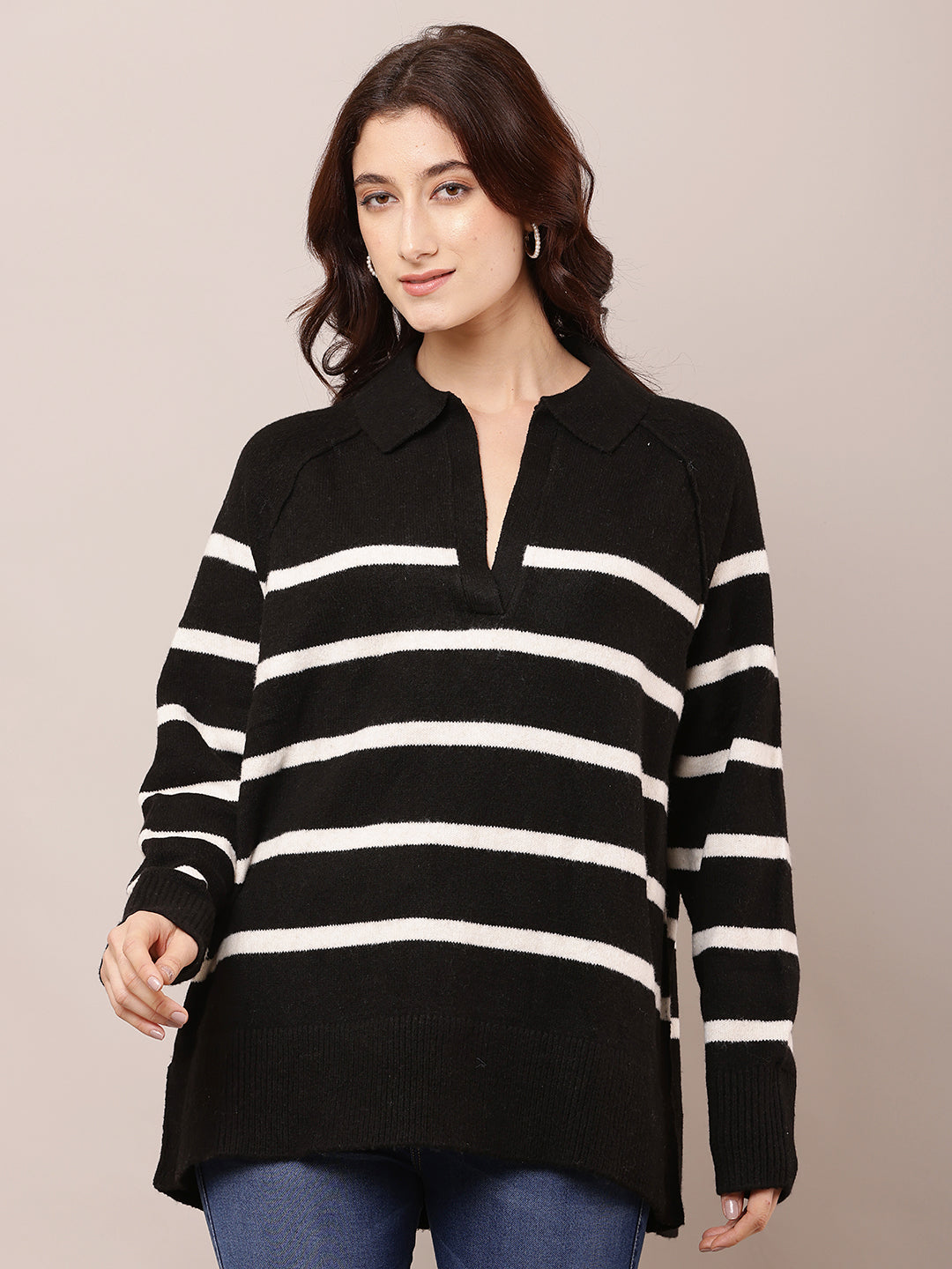 Women Striped Black V-Neck Baggy Sweater